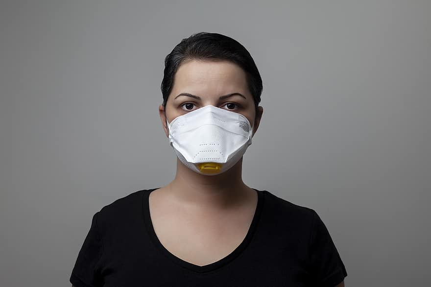 kobieta, maska, n95, maska ​​medyczna, portret, covid, covid-19, epidemia, choroba, pandemiczny, cierpliwy