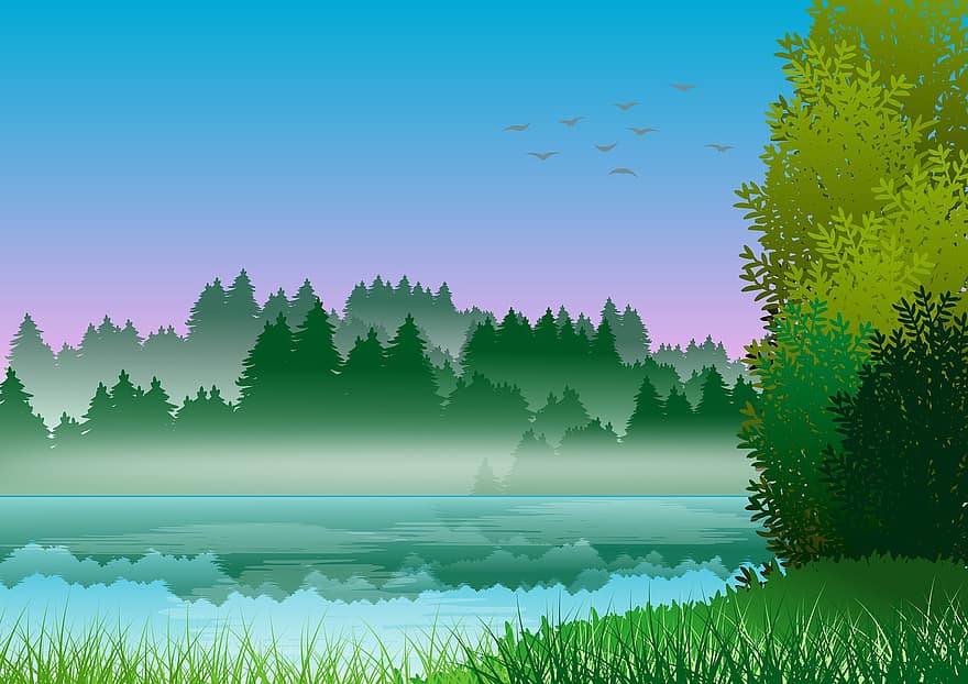 illustration, bakgrund, landskap, natur, bergen, himmel, tapet, träd, kullar, prado, ört