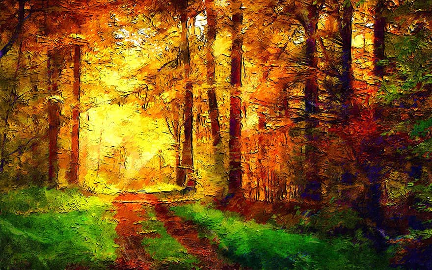 есен, светлини, дърво, растение, зелен, път, ходене, сезон, отпускащ, природа, гора