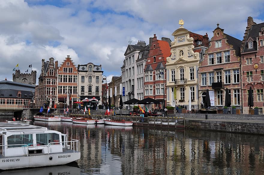 folyó, csónak, móló, épületek, városi, építészet, tájkép, Gent
