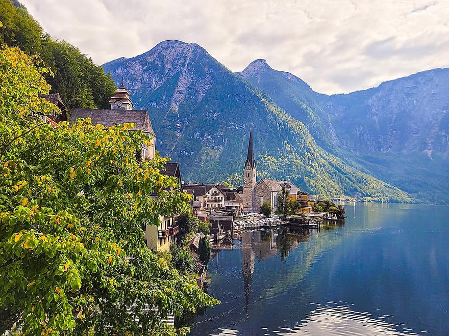 natureza, Cidade, viagem, exploração, montanhas, lago, Hallstadt, Áustria, montanha, arquitetura, agua