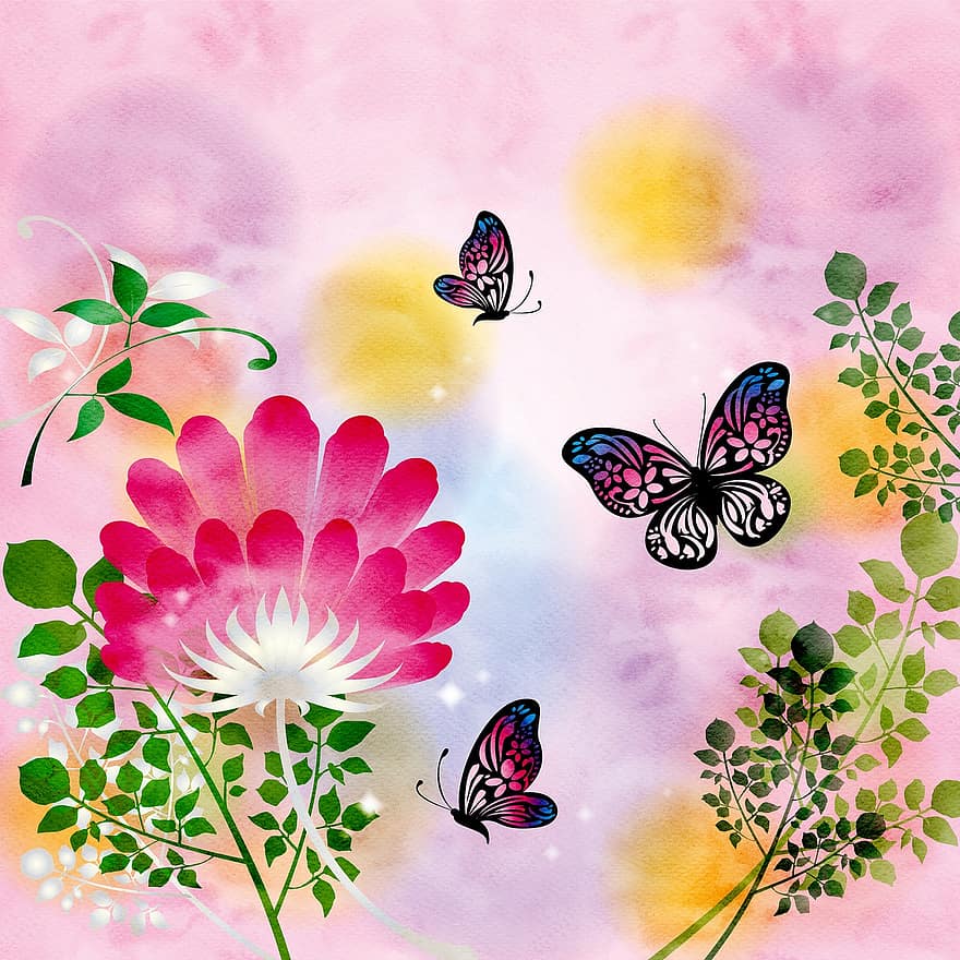 digitales Papier, Blätter, Schmetterlinge, Aquarell, Blume, botanisch, Jahrgang, Papier-, Design, retro, dekorativ