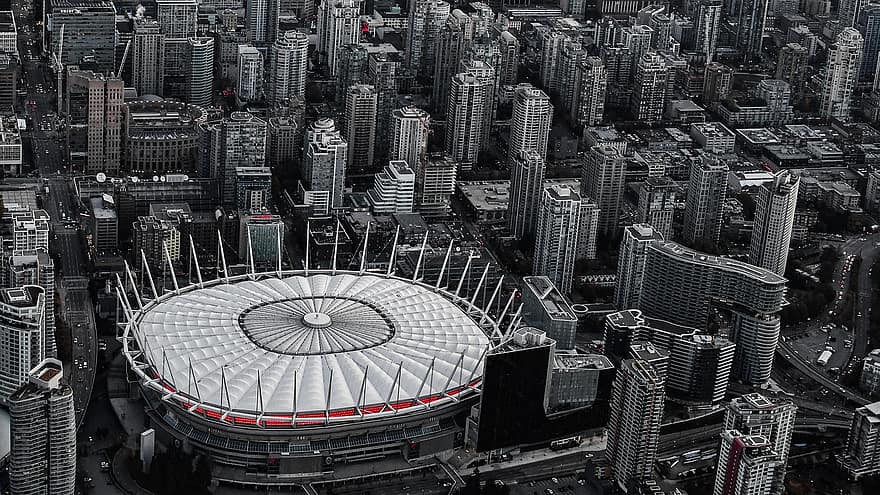 Vancouver, stadion, śródmieście, sylwetka na tle nieba, Strzał lotniczy, Kanada, ciemny