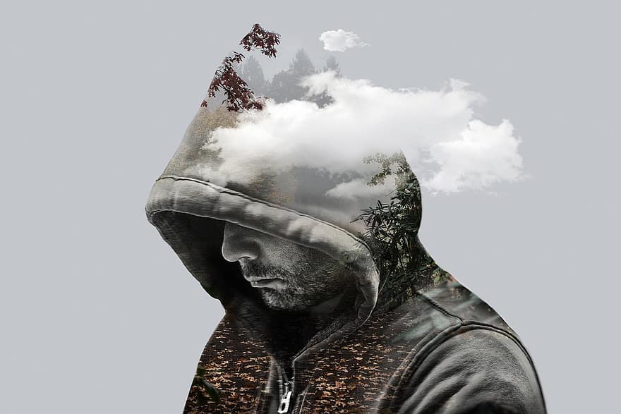 Double Exposure, Fantasy, Man, Model, Hooded, Clouds, Mountains, Branches, Leaves, Landscape, Mystery