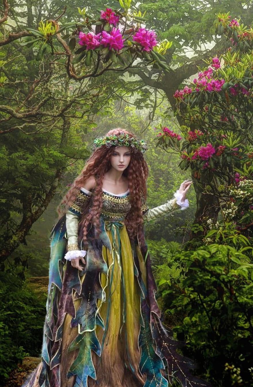 lady, kvinna, fe-, skog, Fair Folk, bakgrund, trän, blommor