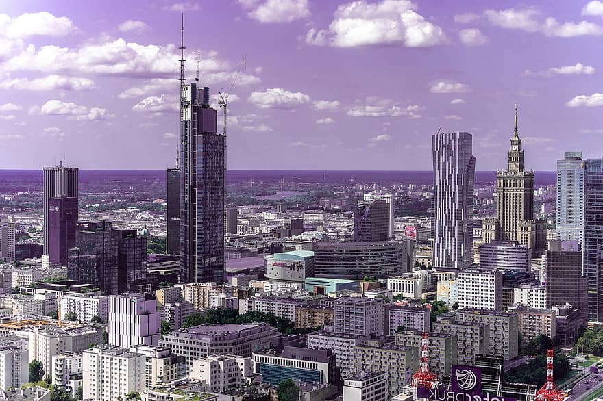 град, архитектура, сгради, небостъргачи, сервизни помещения, кули, небе, облаци, Варшава, pkin