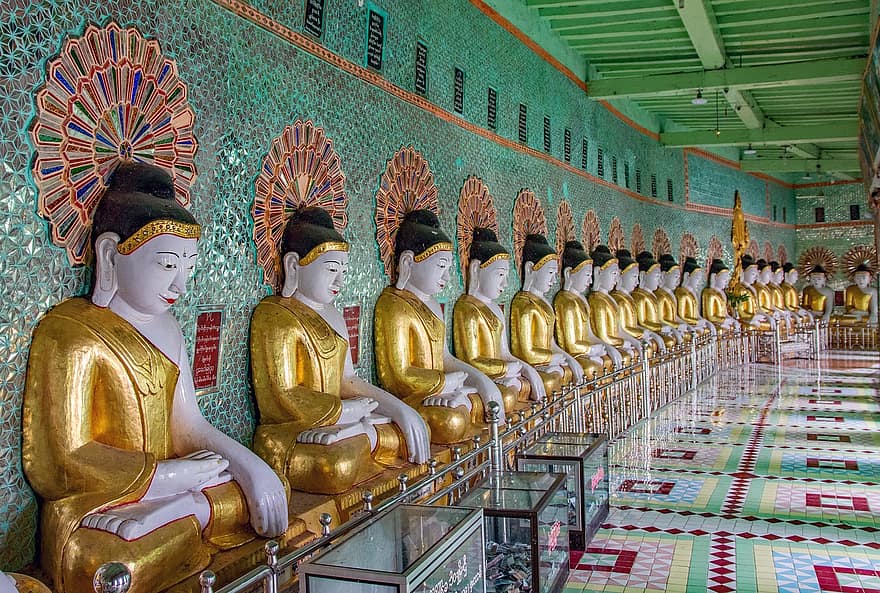 veistos, patsas, Buddha, taide, kulta-, maamerkki, Sagaing, Mandalay, Myanmar, Burma, Aasia