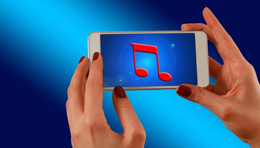 muziek-, smartphone, toepassing, audio, verbinding, handen, mobiele telefoon, houden, Neem een ​​momentopname, ontvangen op, apparaat