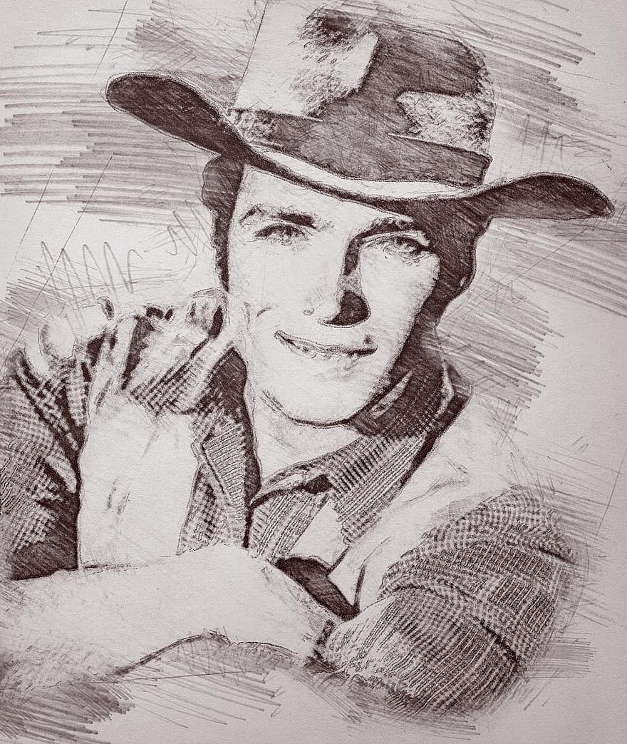 Clint Eastwood, Star, Publicity, Rawhide, Television, Person, Cowboy, Portrait, Famous, Black And White, Monochrome