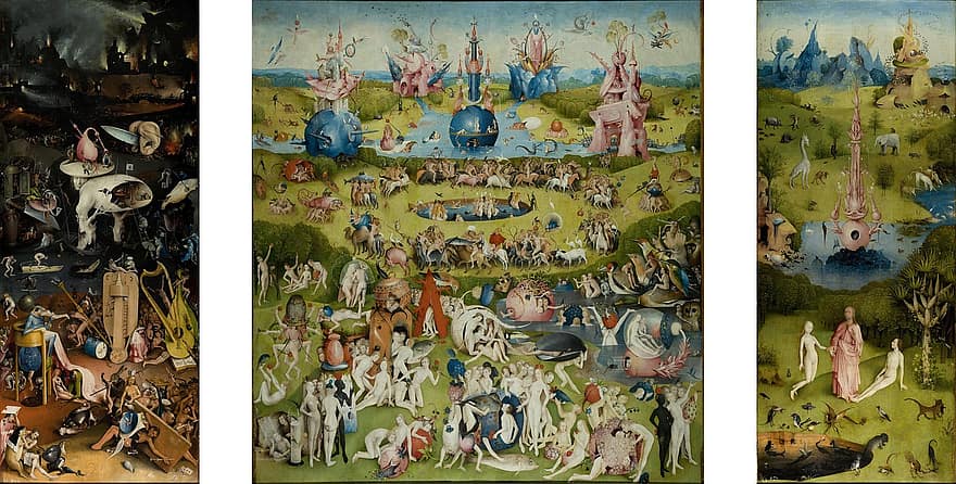 สวนแห่งความสุขทางโลก, สวน, สุขาวดี, สมุดเขียนบันทึกที่มีอยู่ 3 แผ่นที่ปิดพับเข้าด้วยกัน, Hieronymus Bosch, เจอรีน ฟาน เอเก้น, จิตรกรรม, ศิลปะ, ศตวรรษที่ xv, น้ำมันบนไม้, พิพิธภัณฑ์ทุ่งหญ้า