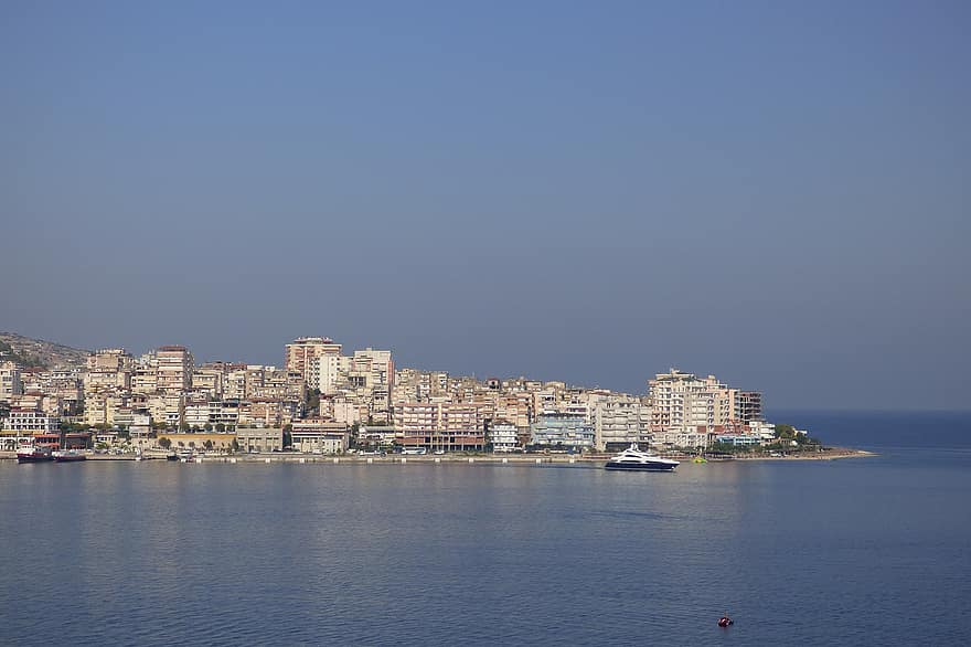 mar, Saranada, festa, Albània, aigua, línia de costa, blau, viatjar, estiu, vaixell nàutic, turisme