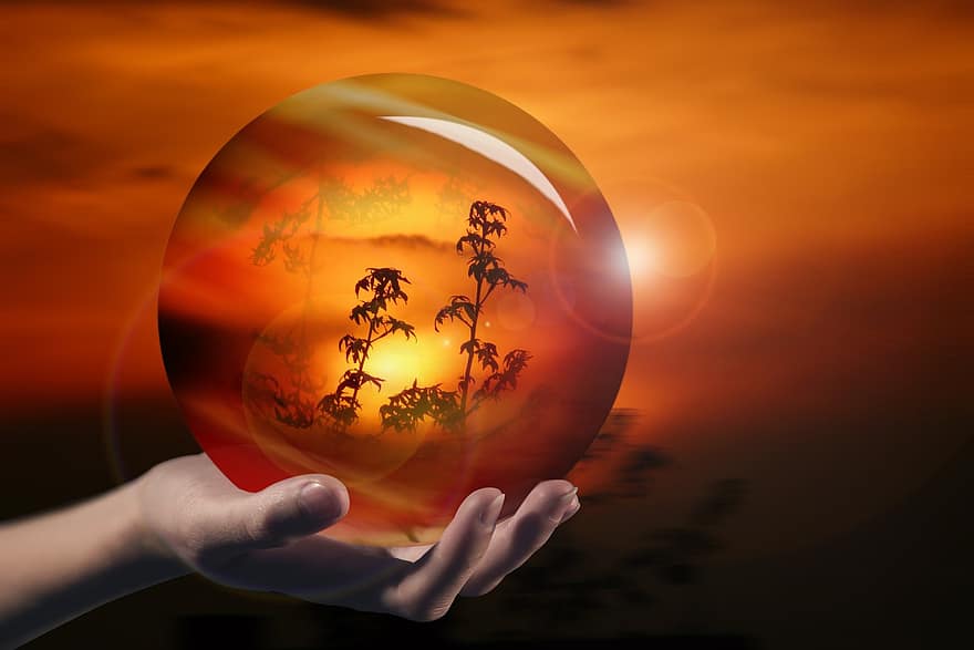palla, cristallo, palla di vetro, Magia, palla di cristallo, bicchiere, sferico, natura, paesaggio, mano, design