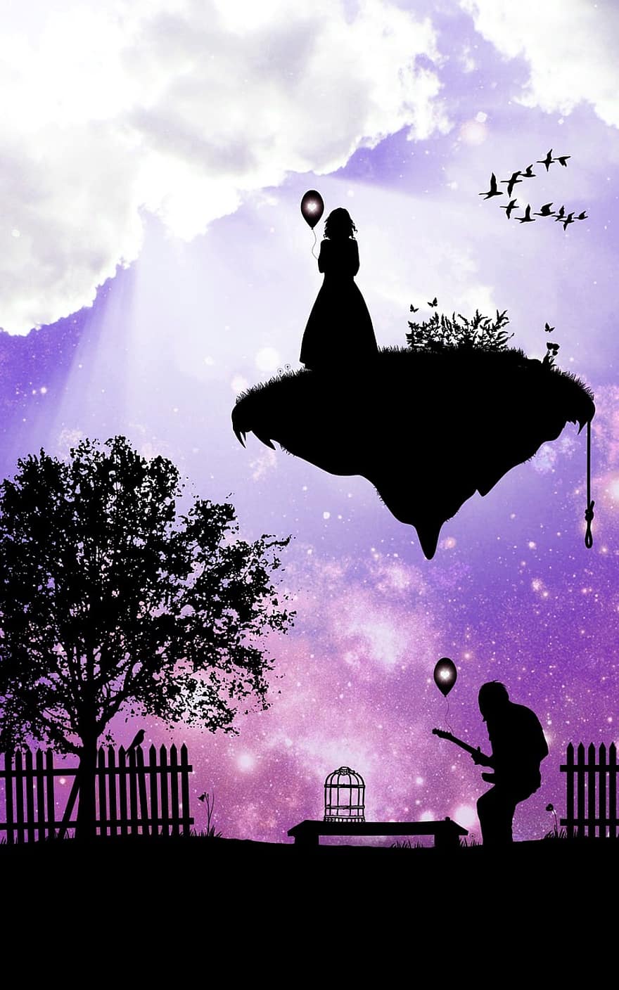 женщина, человек, птицы, звездное небо, изображение на заднем плане, история, дерево, забор, банка, клетка для птиц, облака