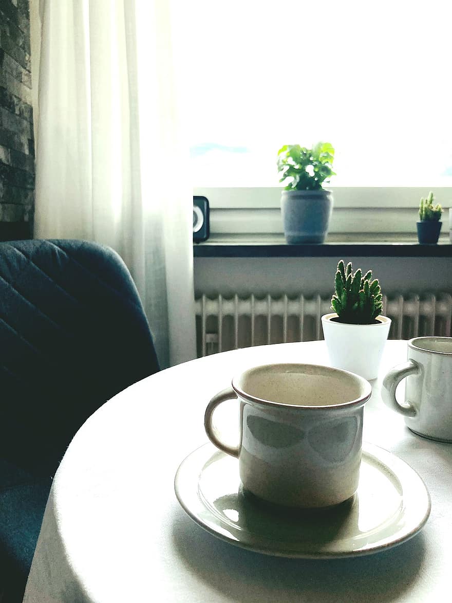 kava, po pietų, virtuvė, puodelis, lentelė, pokalbį, langas, gerti, patalpose, kavos puodelis, atsipalaidavimas