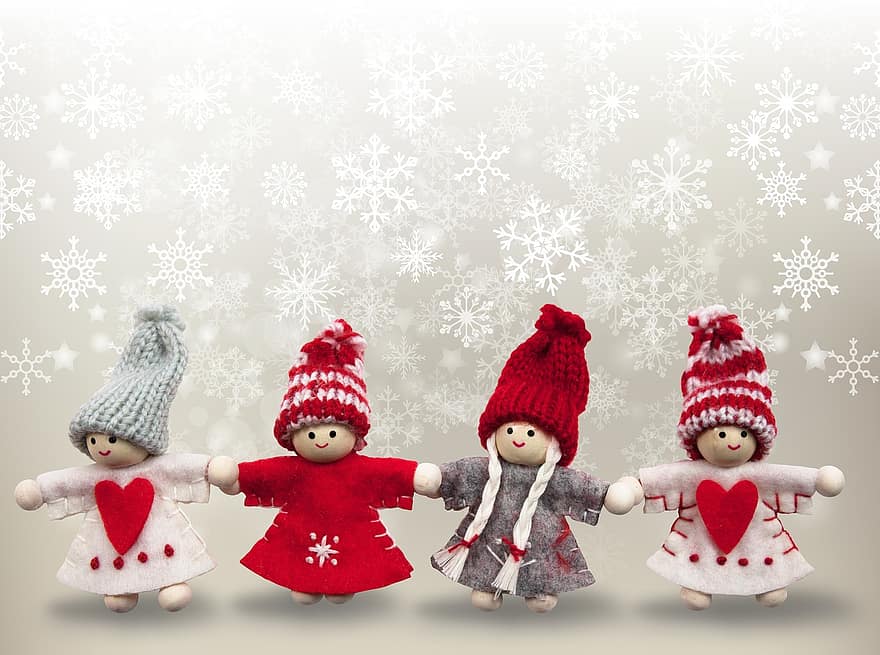 jul, engel, vinter, håndarbeid, strikket, hjerte, snøfall, snø, julekort, postkort, gratulasjonskort