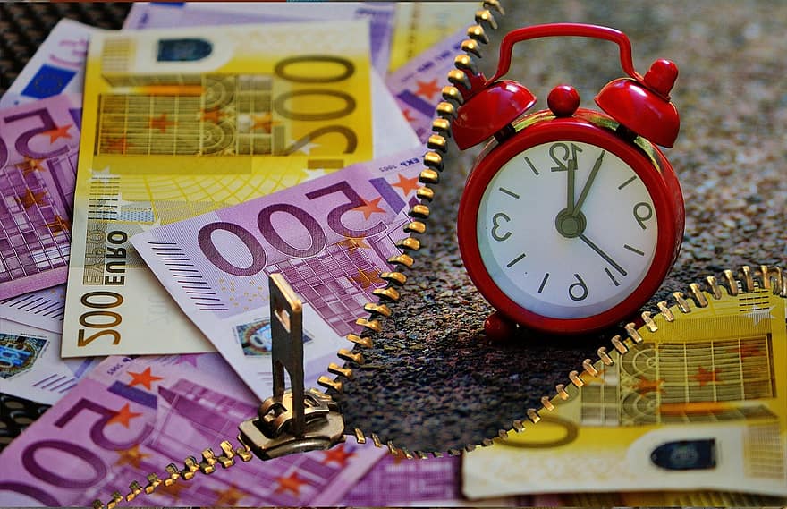 tijd is geld, valuta, euro, klok, wekker, geld, winst, carrière, beroep, geldmiddelen en kasequivalenten, bankbiljet