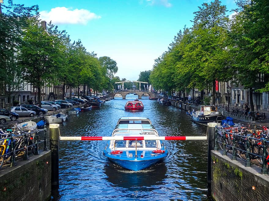 암스테르담, 운하, 주택들, 자동차, 네덜란드, 시티, 유럽, 관광 여행, 건축물, 네덜란드 사람, 건물들