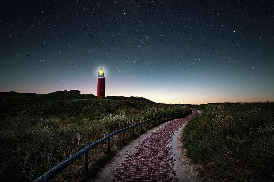 Lighthouse, Field, Night, Evening, Path, Pathway, Meadow, Landscape, Night Sky, Starry Sky, Scenery