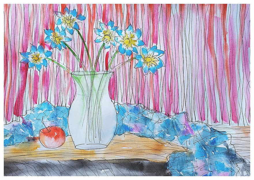 vase, stilleben, blomster, vannfarge, skisse, eple, iscenesettelse