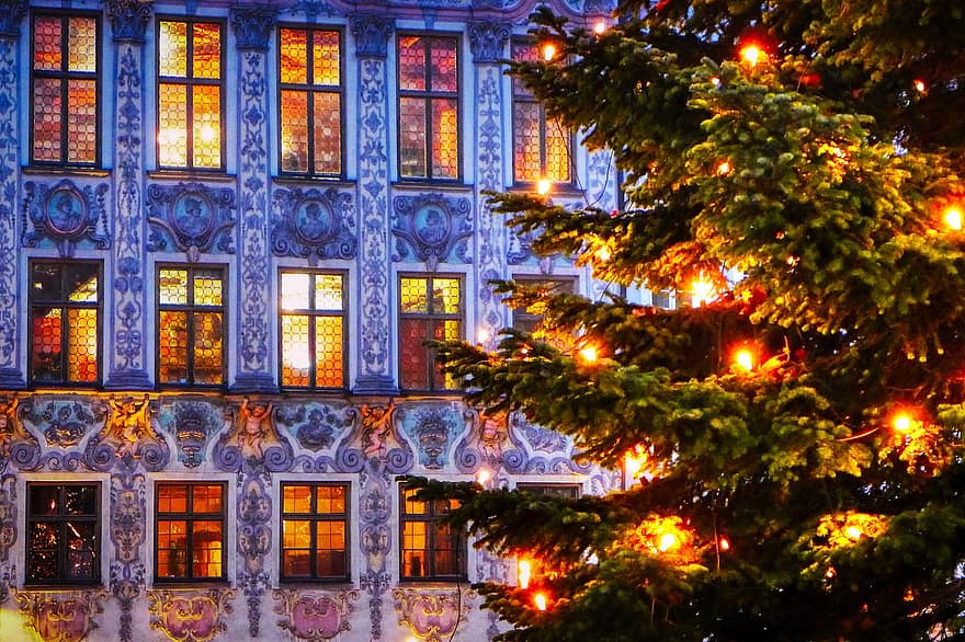 juletre, hus fasade, advent, lys, vindu, rådhus, Landsberg, historiske sentrum, arkitektur, bygning, dekorasjon