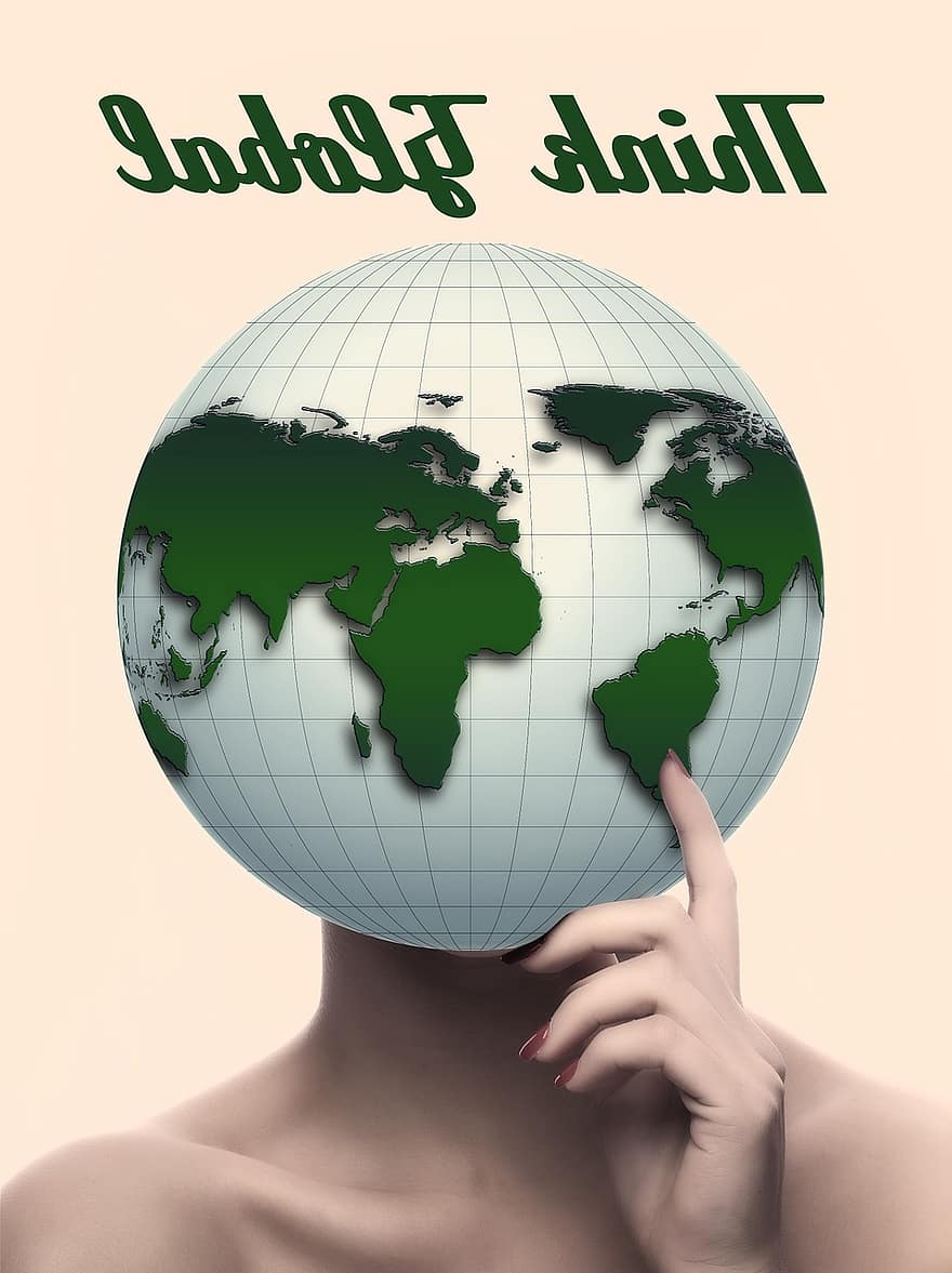 mujer, cabeza, globo, internacional, global, globalización, continentes, tierra, mundo, planeta, en todo el mundo