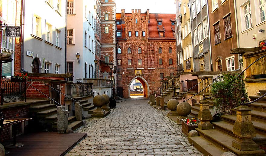Gdańsk, rua, monumentos, moradias em banda, pavimentou, arquitetura, lugar famoso, culturas, história, estrutura construída, cristandade