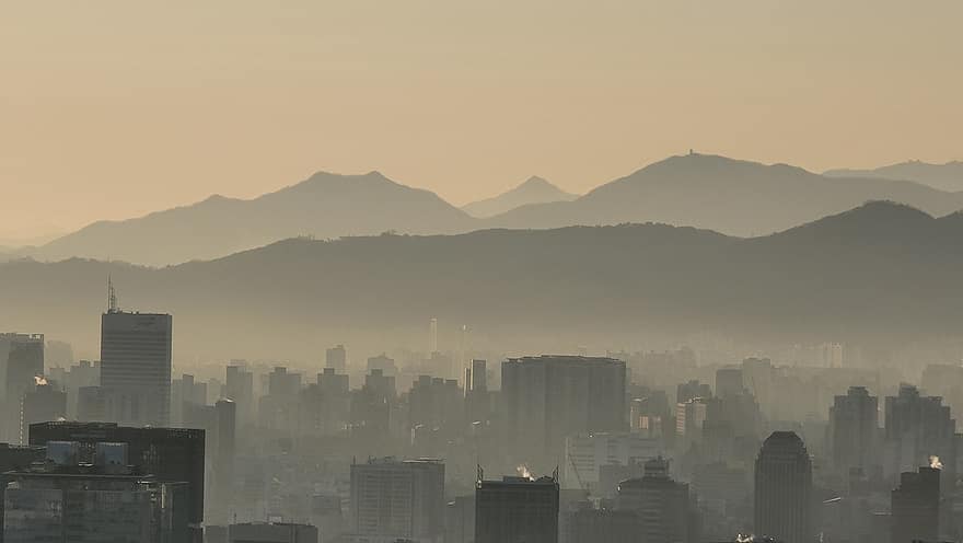 서울, 안개가 자욱한 풍경, 시티, 산들