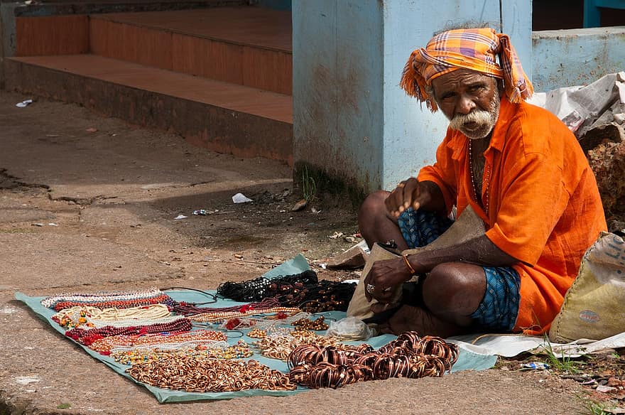 mand, indien, gade, sælger, Kerala, etnisk, smykker