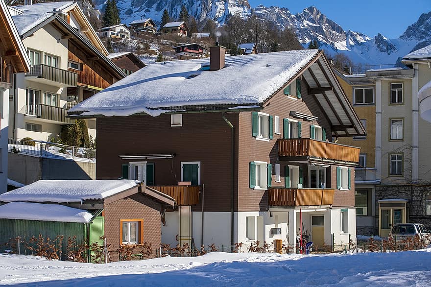 집, 마을, 겨울, 눈, 산, 도시, 건물, 건축물, Engelberg