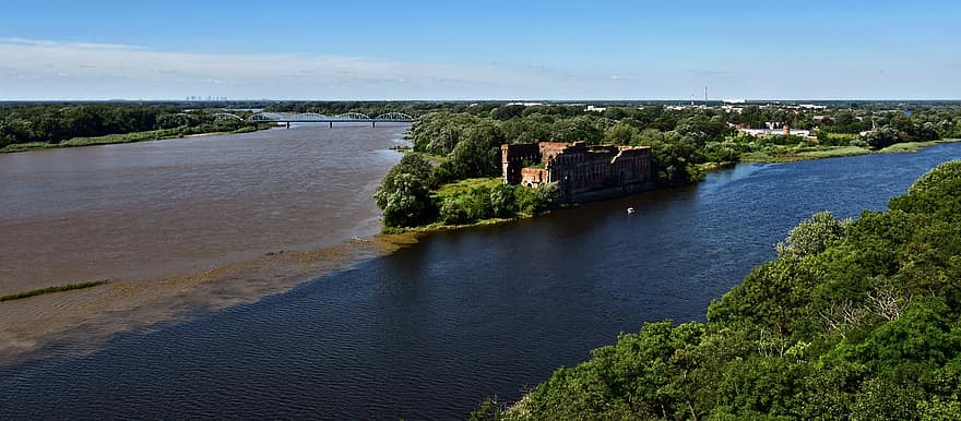 River, Trees, Building, Bridge, Wisla, Narev, Granary, Water, Modlin, Poland, Monument