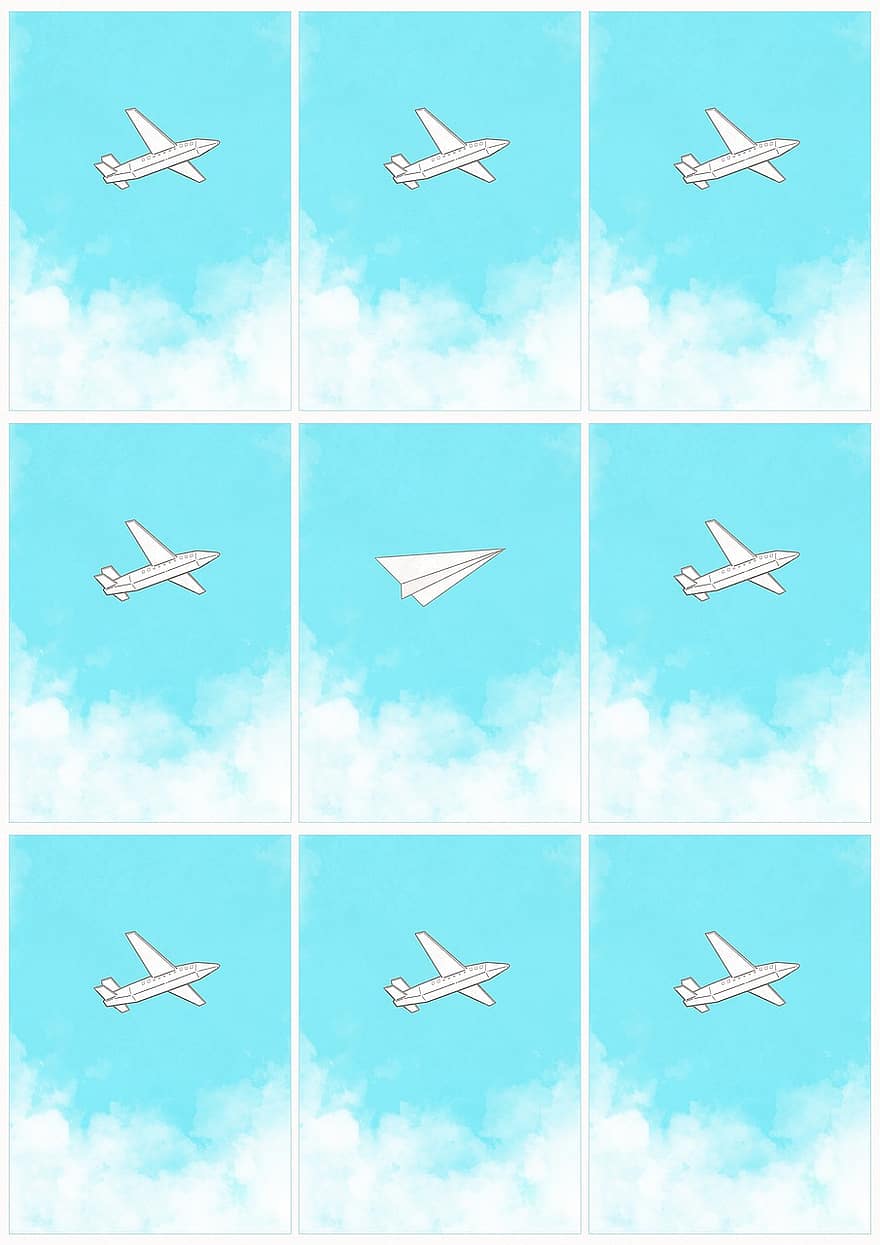 만화, 그림, 삽화가, 독창성, 상상력, 기분, 덮개, 비행기, 종이 비행기, 파란 하늘, 흰 구름