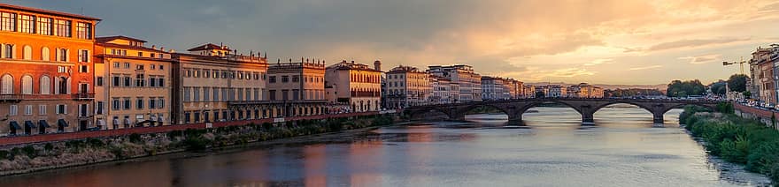 florens, solnedgång, panorama, bro, flod, vid vatten, flodbanker, byggnader, Italien, arkitektur, stad