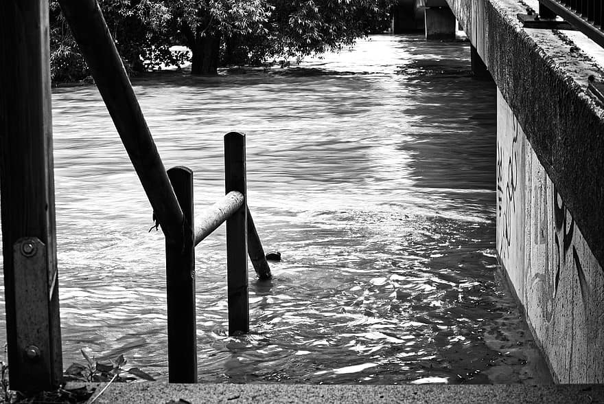 tangga, pagar, banjir, sungai, air tinggi