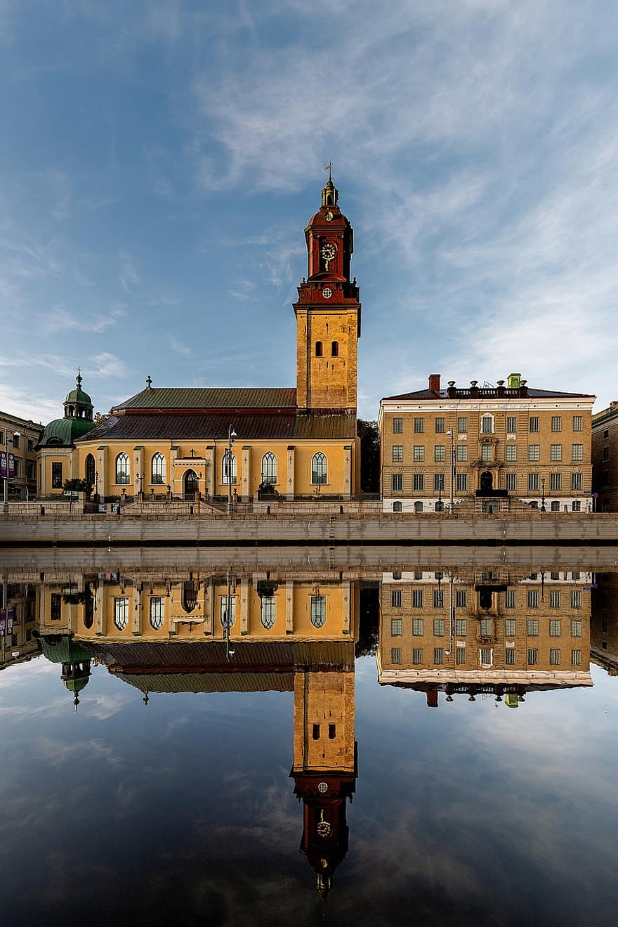 la chiesa tedesca, Gothenburg, porta, città, Svezia, acqua, mirroring, himmel, architettura, costiero, costruzione