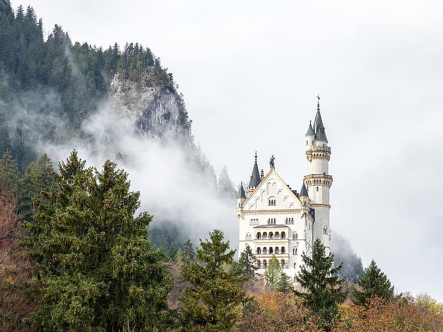 neuschwanstein, slott, dimma, Schwangau, Tyskland, landmärke, arkitektur, historisk, gammal, palats, skog