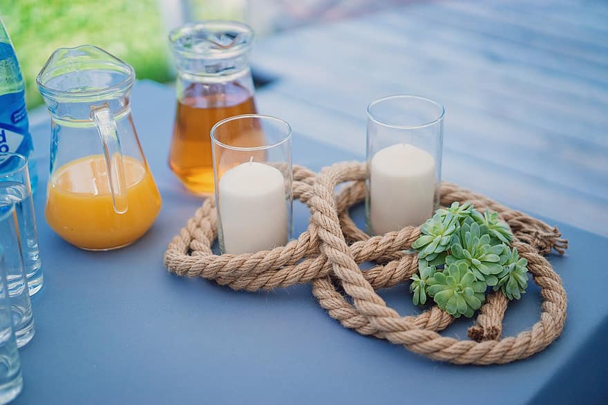Milk, Juice, Rope, Drinks, Beverages, Glass, Pitcher, Leaves, Table, Outdoors