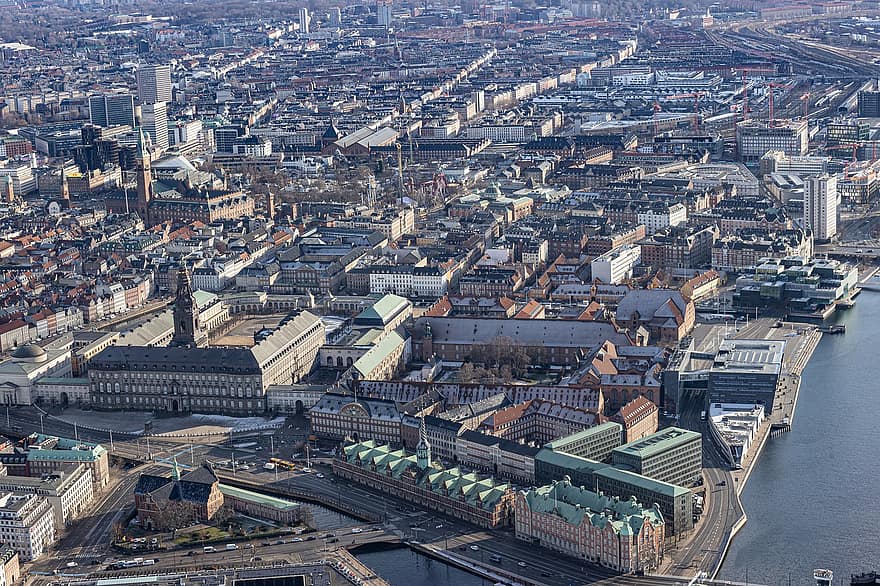 köpenhamn, Danmark, stad, byggnader, hamn, kanal, stadsbild, hus, urban, flygperspektiv, arkitektur