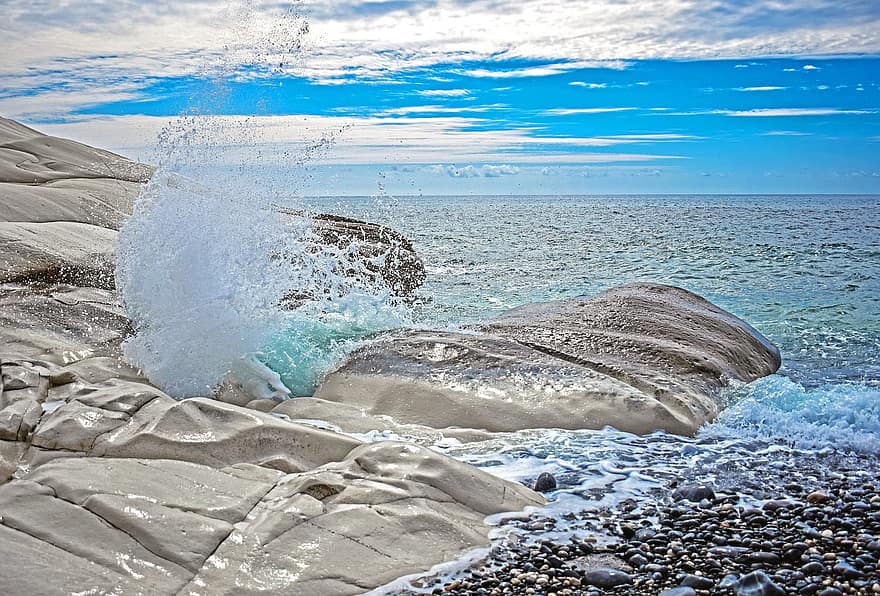 Agios Georgios Alamanos strand, tenger, fehér sziklák, természet, tájkép, Ciprus