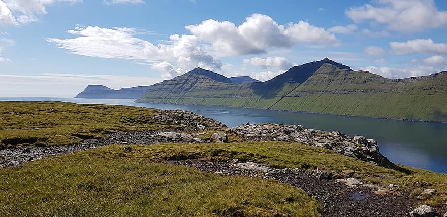 berg-, natuur, rivier-, buitenshuis, reizen, exploratie, hemel, wolken, uitzicht, Faeröer, water