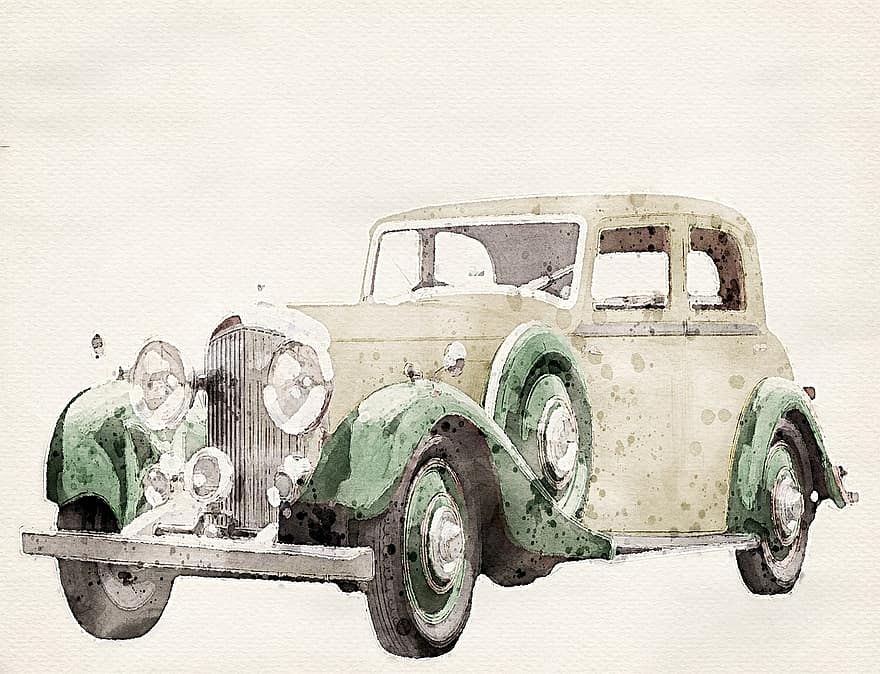 Rolls-Royce, сметь, транспортное средство, транспорт, роскошь, эпоха, марочный, Рисование, акварель, плакат