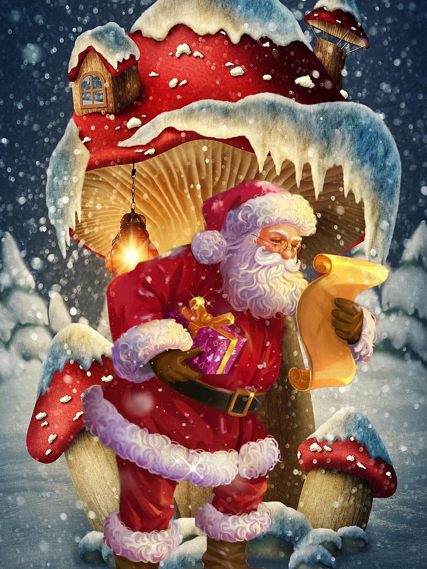 jul baggrund, julemanden, Jul postkort, sne, vinter, sæson, illustration, fest, humor, tegneserie, baggrunde