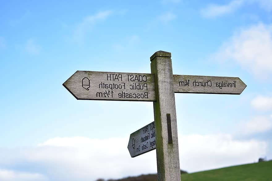 Cornwall, rannikon polku, polku, merkki, opastus, suunta, matkustaa, seikkailu, Boscastle, suunta-merkki, nuolen symboli
