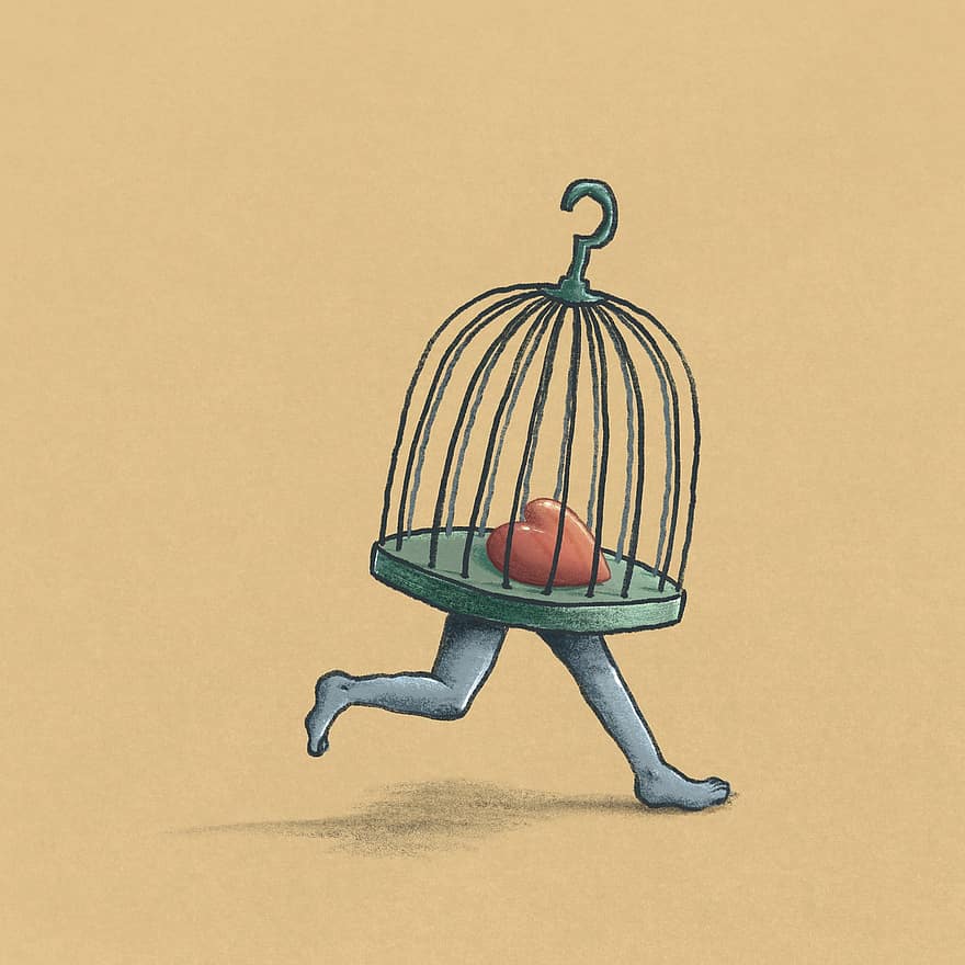 Birdcage, Running, Surreal, Escaping, Fantasy, Caricature, Painting, Soul, dom, Creativity, Art