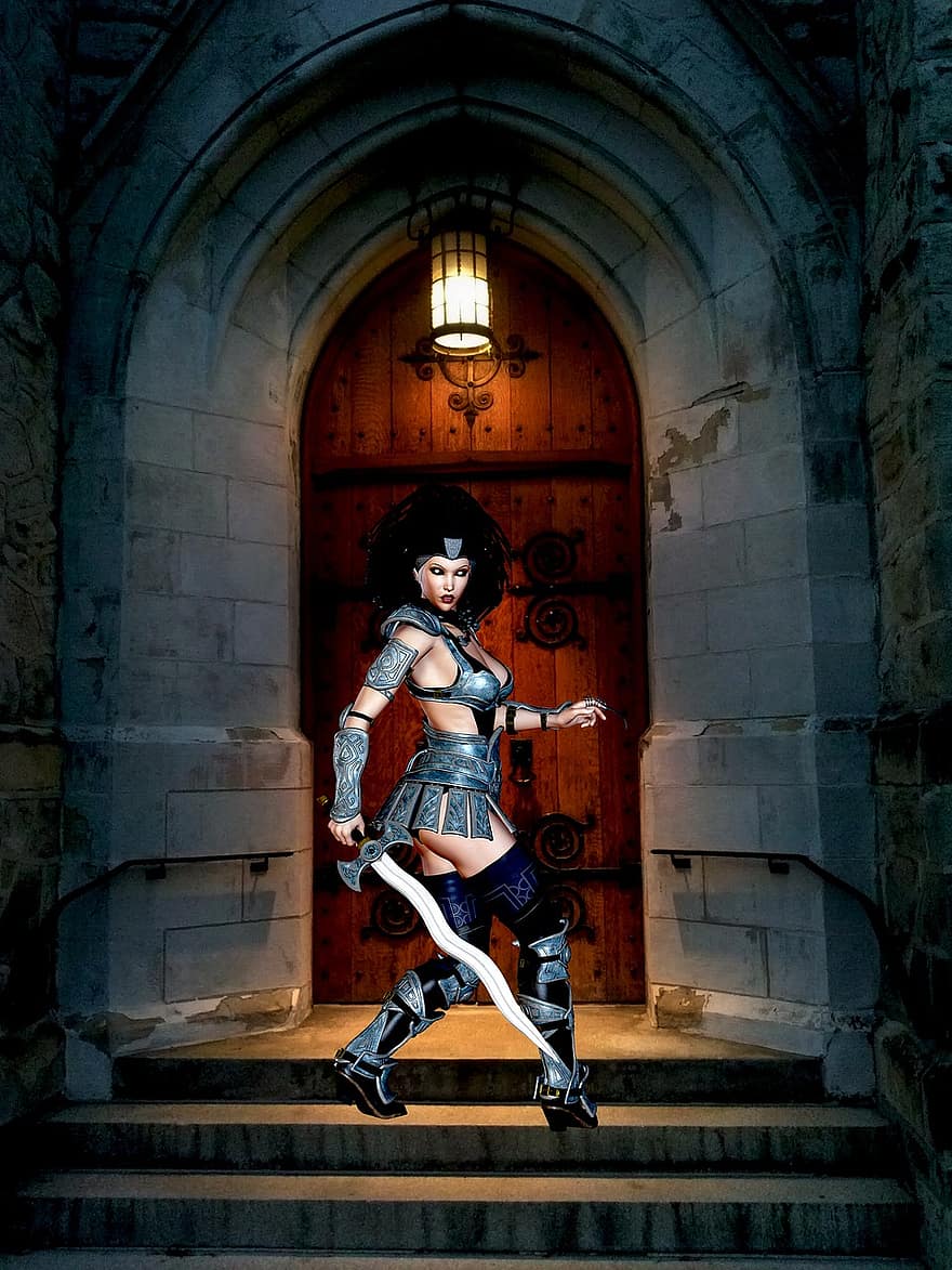 kvinna, vuxen, krigare, fantasi, mytisk, modig, båge, svärd