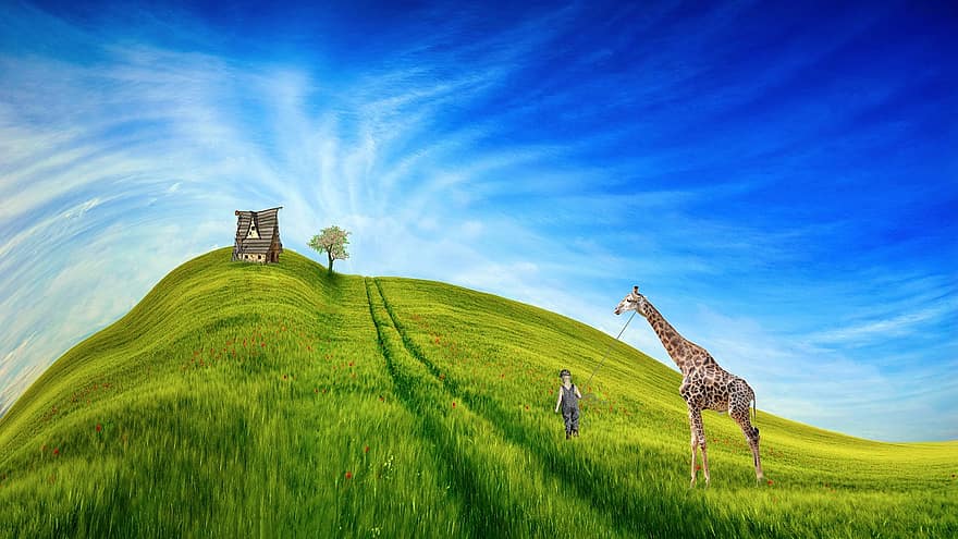 fantasía, montaña, colina, niño, jirafa, casa, cielo, naturaleza
