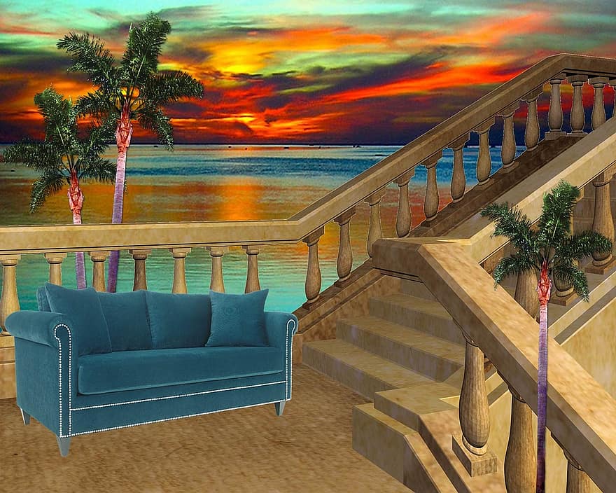 krajobraz, woda, morze, zachód słońca, klatka schodowa, schody, sofa, Palma, drzewa, na dworze, pejzaż morski