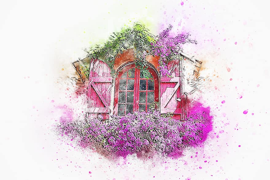 okno, kwiaty, Natura, sztuka, abstrakcyjny, akwarela, zabytkowe, wiosna, romantyk, artystyczny, projekt