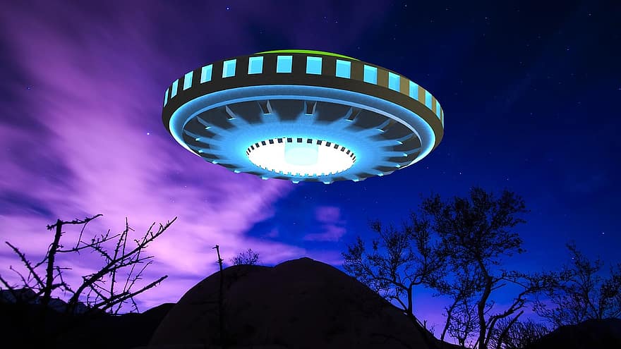 UFO、エイリアン、宇宙船、3D、レンダリングする、サイエンスフィクション、スペース、神秘、技術、ブルーテクノロジー、ブルーエイリアン