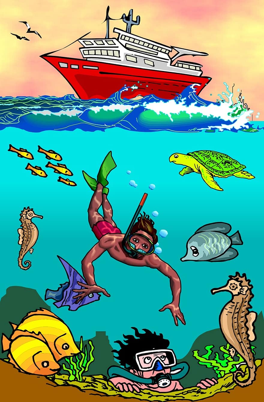 водолаз, море, кораб, риба, океан, гмуркане, деца, постер, шега, графична колекция, чертеж