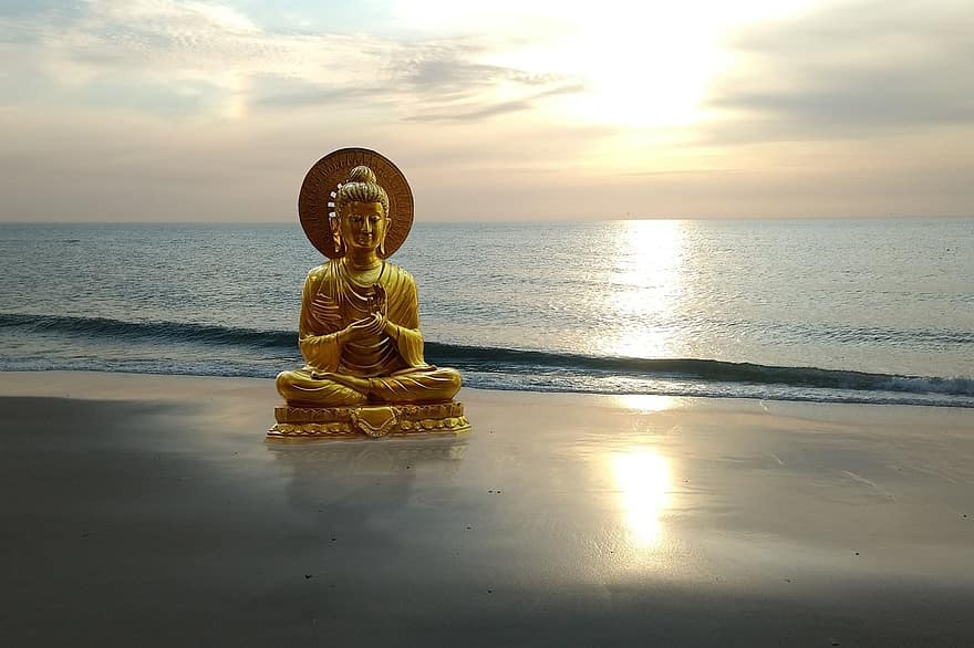 Buda, platja, posta de sol, fantasia, sorra, estàtua, mar, oceà, escultura, or, estàtua de Buda